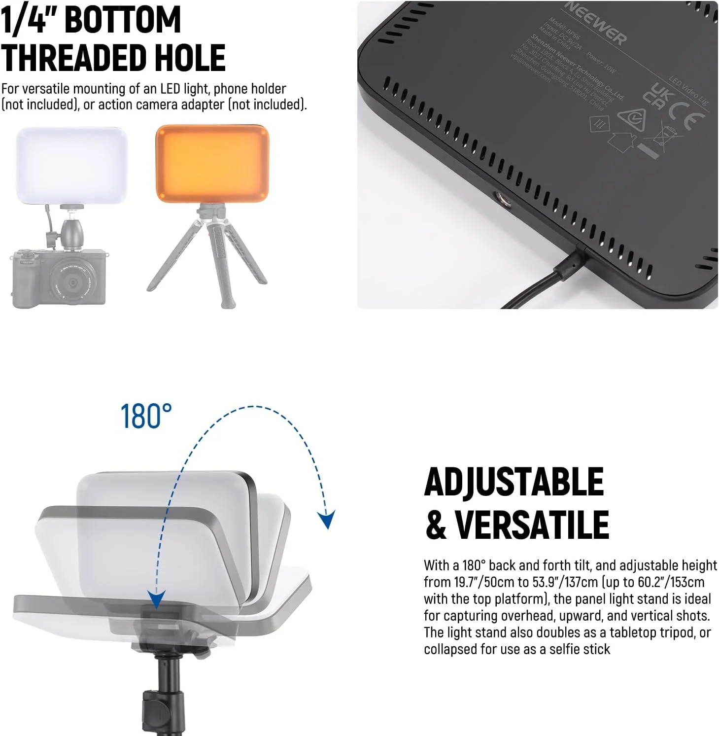 کیت نورپردازی پنل LED پایه NEEWER، بسته 2 عددی نورهای استودیویی قابل تنظیم دو رنگ با پایه و فیلتر، 3200K~5600K CRI 95 750lux برای عکاسی، ضبط ویدیو و پخش زنده، BP66