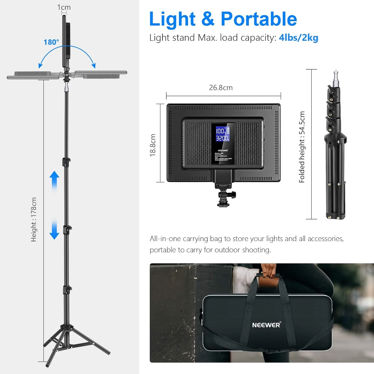 کیت نورپردازی ویدیویی LED نیور با پایه نور 70 اینچی، بسته 2 عددی نور نرم ویدیویی 384 LED، باتری لیتیومی داخلی 3200K-5600K CRI 97+ پنل نور فوق العاده نازک روی دوربین برای عکاسی و فیلمبرداری یوتیوب
