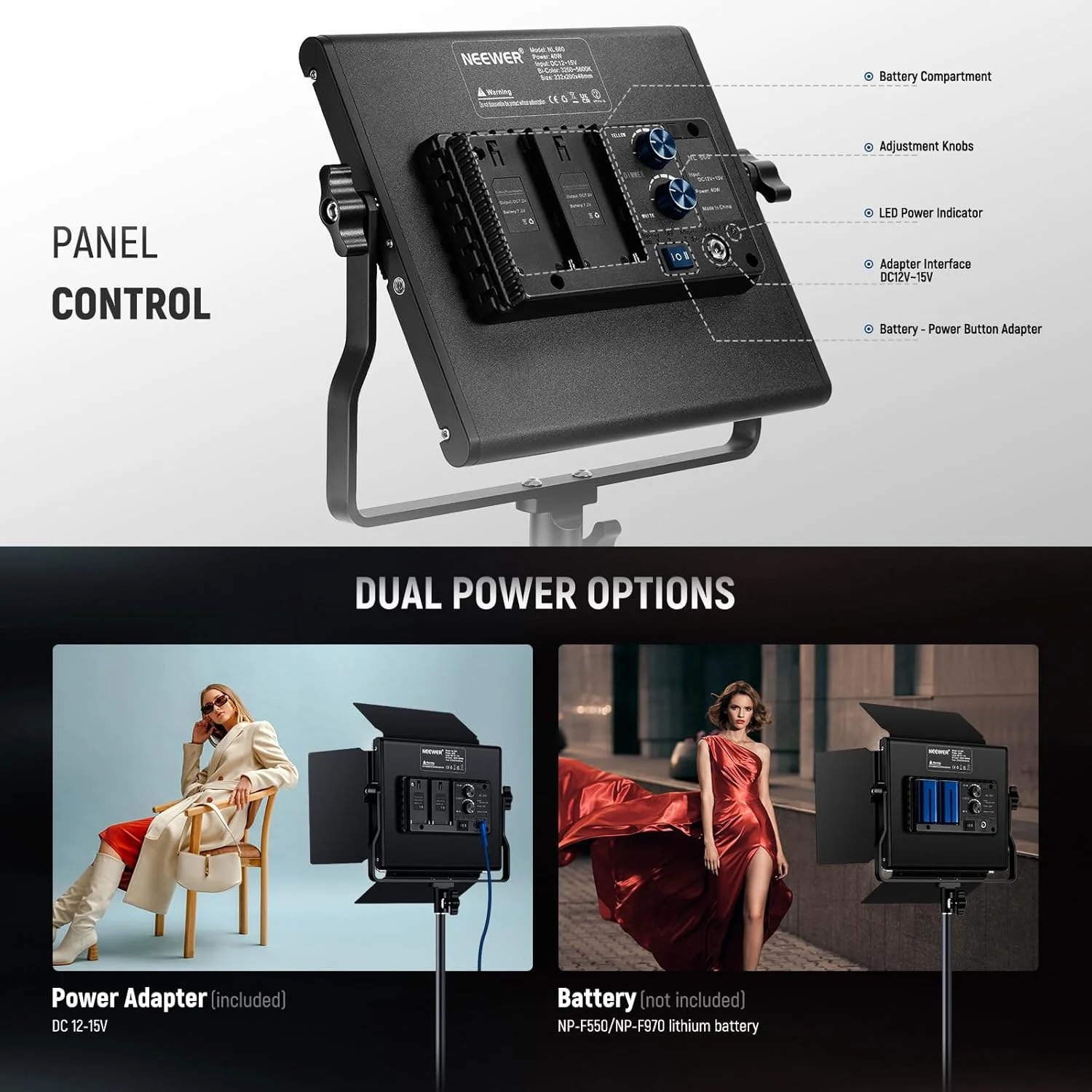 کیت نور ویدئویی ال ای دی دو رنگ 660 NEEWER شامل 2 عدد نور قابل تنظیم 3200-5600K با CRI 96+ به همراه براکت U شکل و بارندور، 2 عدد سافت باکس دیفیوزر، 2 عدد پایه نور 75 اینچی برای عکاسی و فیلمبرداری