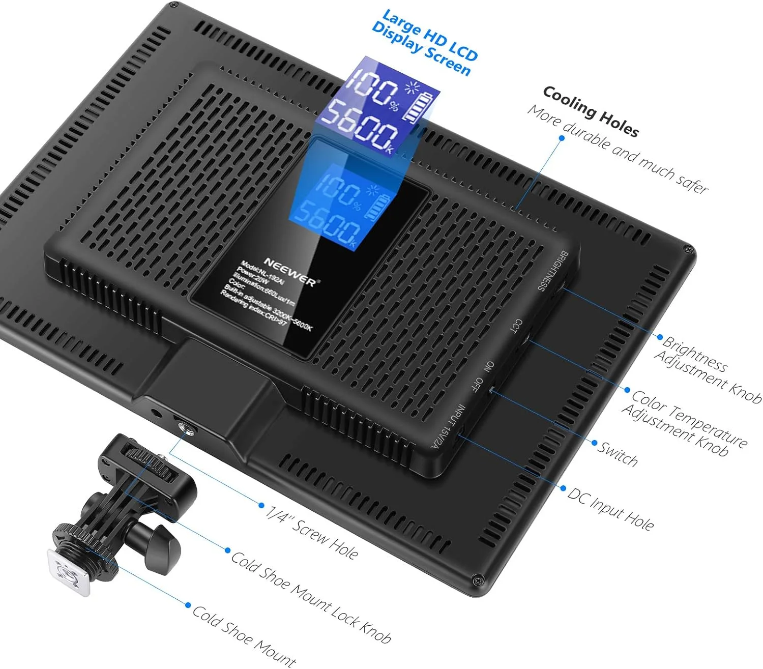 کیت نورپردازی ویدیویی LED نیور با پایه نور 70 اینچی، بسته 2 عددی نور نرم ویدیویی 384 LED، باتری لیتیومی داخلی 3200K-5600K CRI 97+ پنل نور فوق العاده نازک روی دوربین برای عکاسی و فیلمبرداری یوتیوب