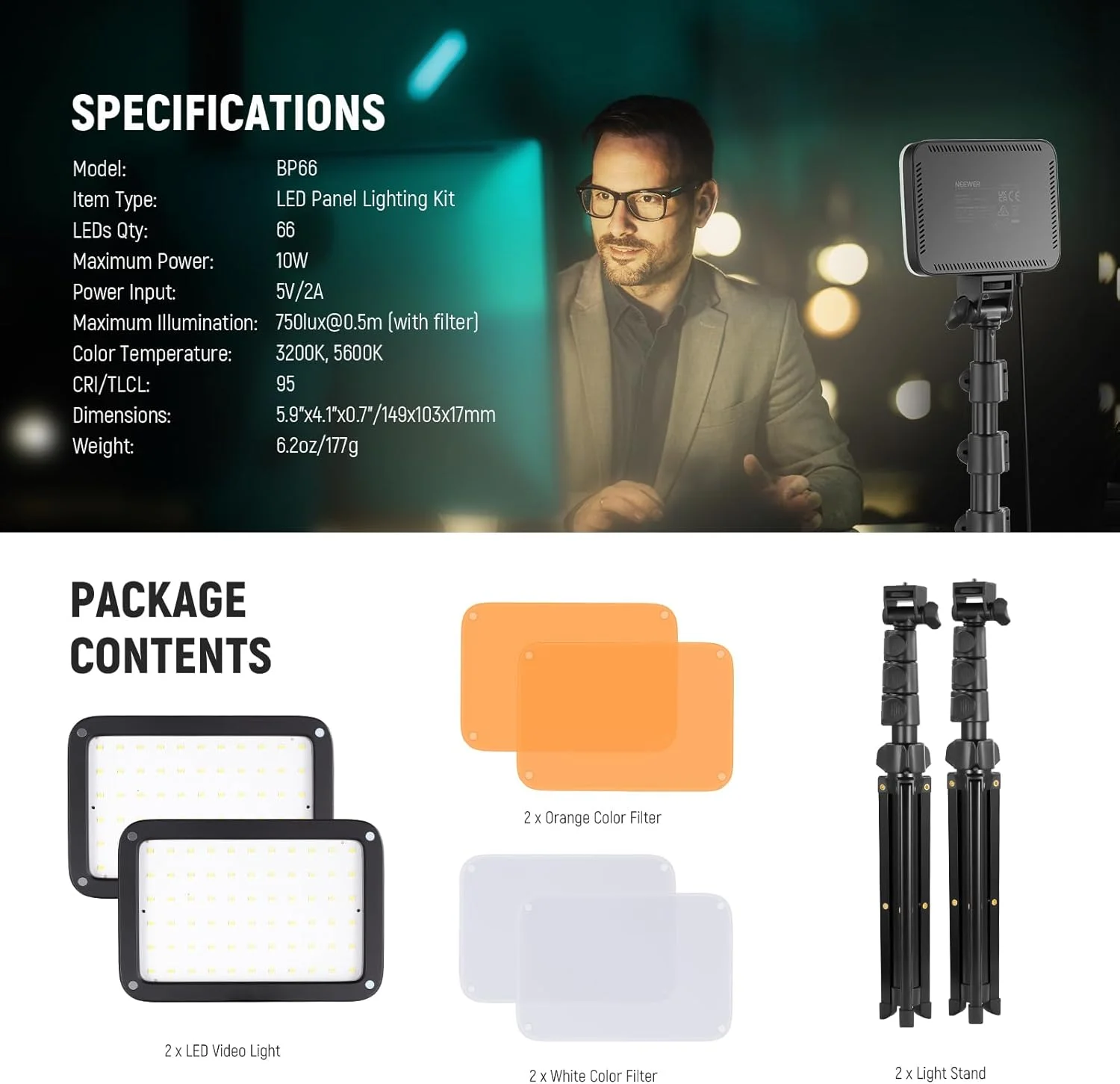 کیت نورپردازی پنل LED پایه NEEWER، بسته 2 عددی نورهای استودیویی قابل تنظیم دو رنگ با پایه و فیلتر، 3200K~5600K CRI 95 750lux برای عکاسی، ضبط ویدیو و پخش زنده، BP66