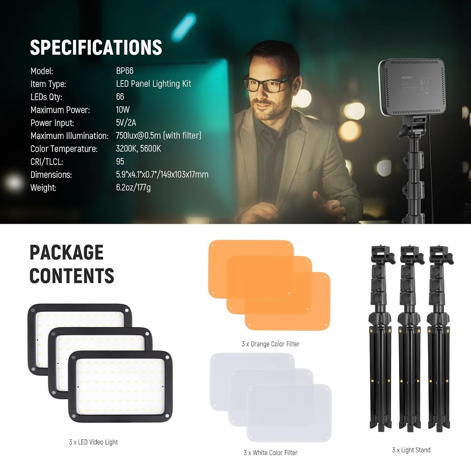 کیت نورپردازی پنل ال ای دی ویدیویی NEEWER BASICS، بسته 3 عددی نورهای استودیویی قابل حمل دو رنگ با پایه های سه پایه و فیلترها، 3200K~5600K CRI95 750lux برای عکاسی، ضبط ویدیو، استریمینگ، BP66