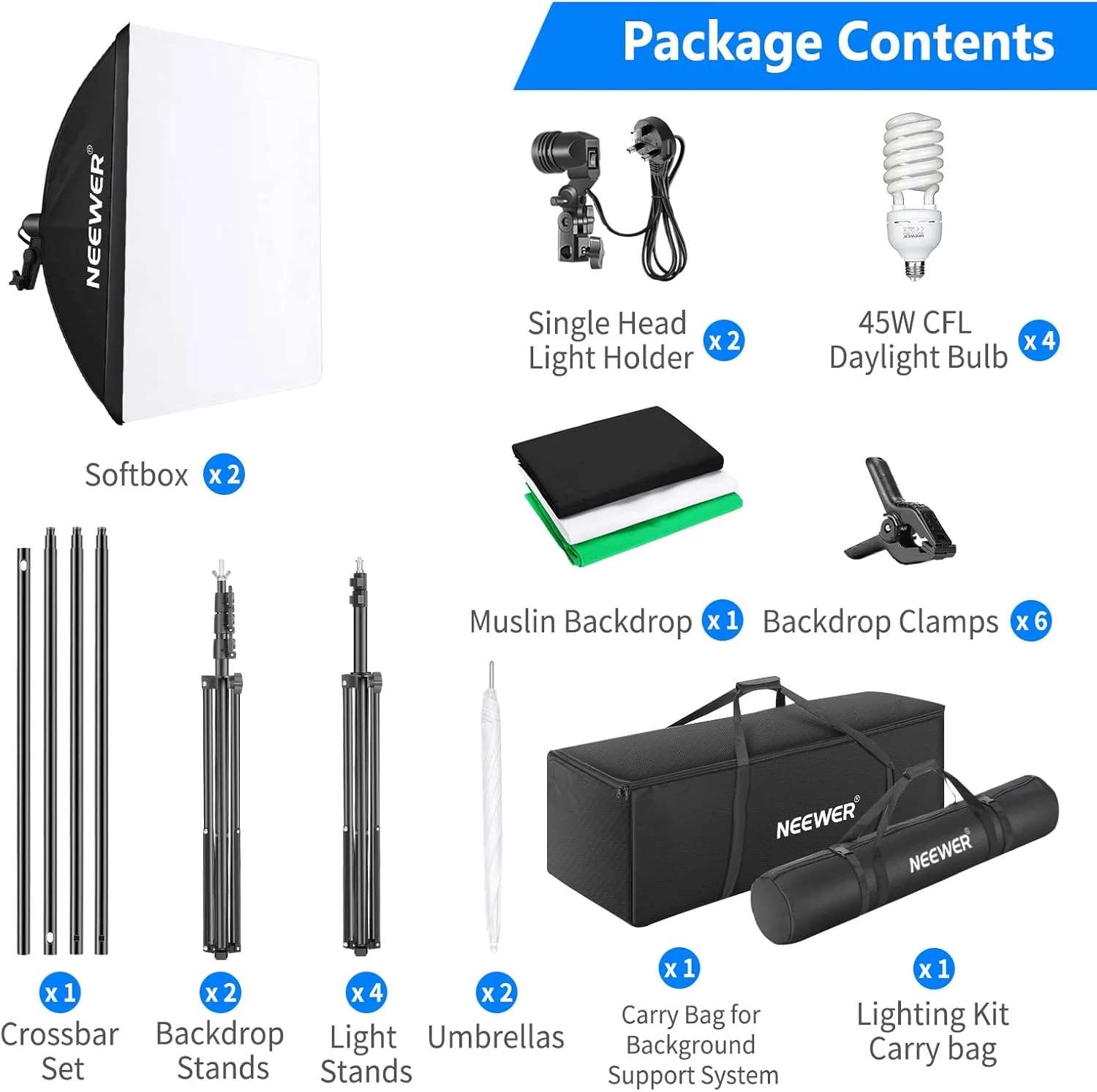 کیت نورپردازی عکاسی NEEWER با پس زمینه، پایه های پس زمینه 8.5x10 فوت، نورپردازی مداوم سافت باکس چتری LED معادل 800 وات 5700K 24W دارای گواهینامه CE، تجهیزات استودیوی عکس برای فیلمبرداری عکس و فیلم