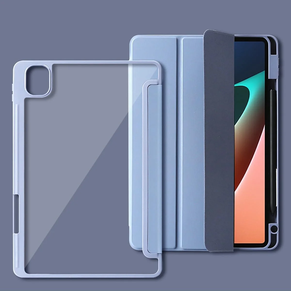 کیف تبلت هوشمند مسافرتی سه تایی سازگار با شیائومی Mi Pad 5/MiPad 5 Pro 11 اینچ 2021، با جای قلم، قاب پشتی شفاف، روکش نازک و پایه شفاف کیف تبلت هوشمند مسافرتی سه تایی سازگار با شیائومی Mi Pad 5/MiPad 5 Pro 11 اینچ 2021، با جای قلم، قاب پشتی شفاف، روکش نازک و پایه شفاف