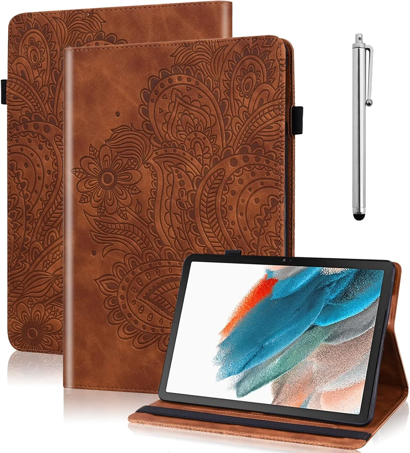 کیف محافظ تبلت شیائومی پد 6 مدل VODEFOX با طراحی برجسته طاووس و گل، کیف چرمی PU تاشو با جای قلم و کش الاستیک - قهوه ای