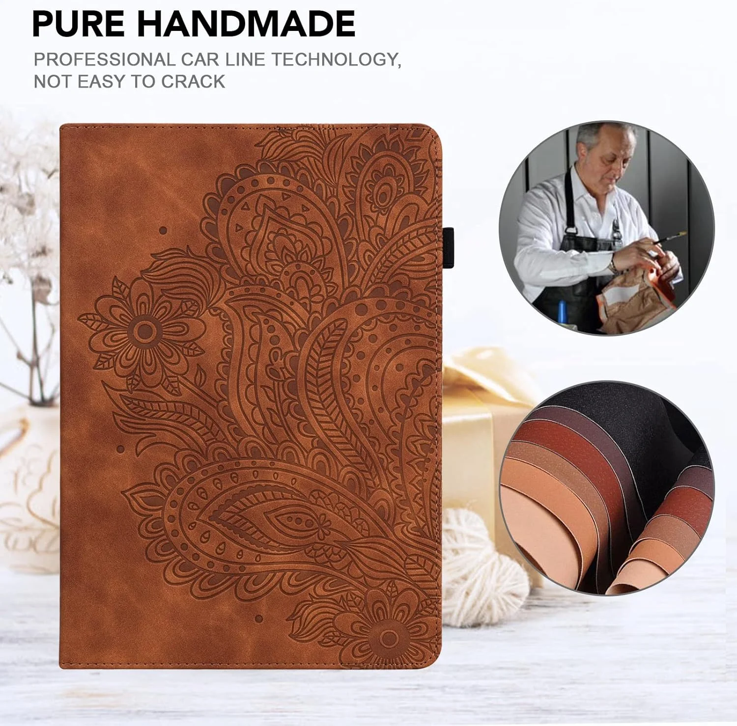 کیف محافظ تبلت شیائومی پد 6 مدل VODEFOX با طراحی برجسته طاووس و گل، کیف چرمی PU تاشو با جای قلم و کش الاستیک - قهوه ای