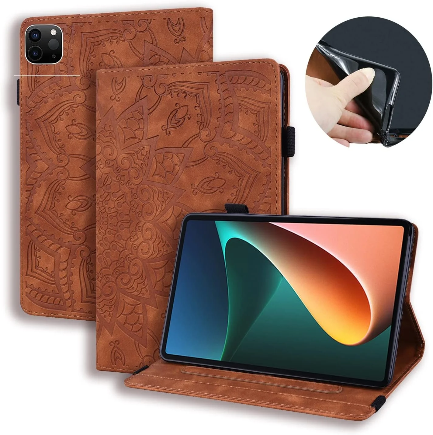 کیف تبلت RRXYHK سازگار با شیائومی Mi Pad 6/6 Pro 2023 11.2 اینچی، باریک، سبک وزن، چرمی PU برجسته، کیف تبلت با قابلیت استند و جای کارت، محافظ تبلت (قهوه ای)