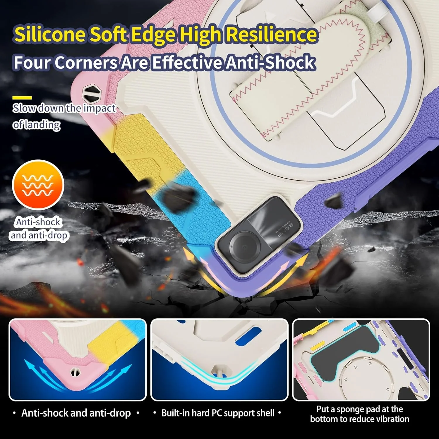 کیف تبلت مسافرتی سازگار با کودکان، سازگار با شیائومی ردمی پد SE 11 اینچ 2023، پایه الاستیک چند زاویه ای + بند چرخان 360 درجه قابل تنظیم، بدنه ضد ضربه سه در یک