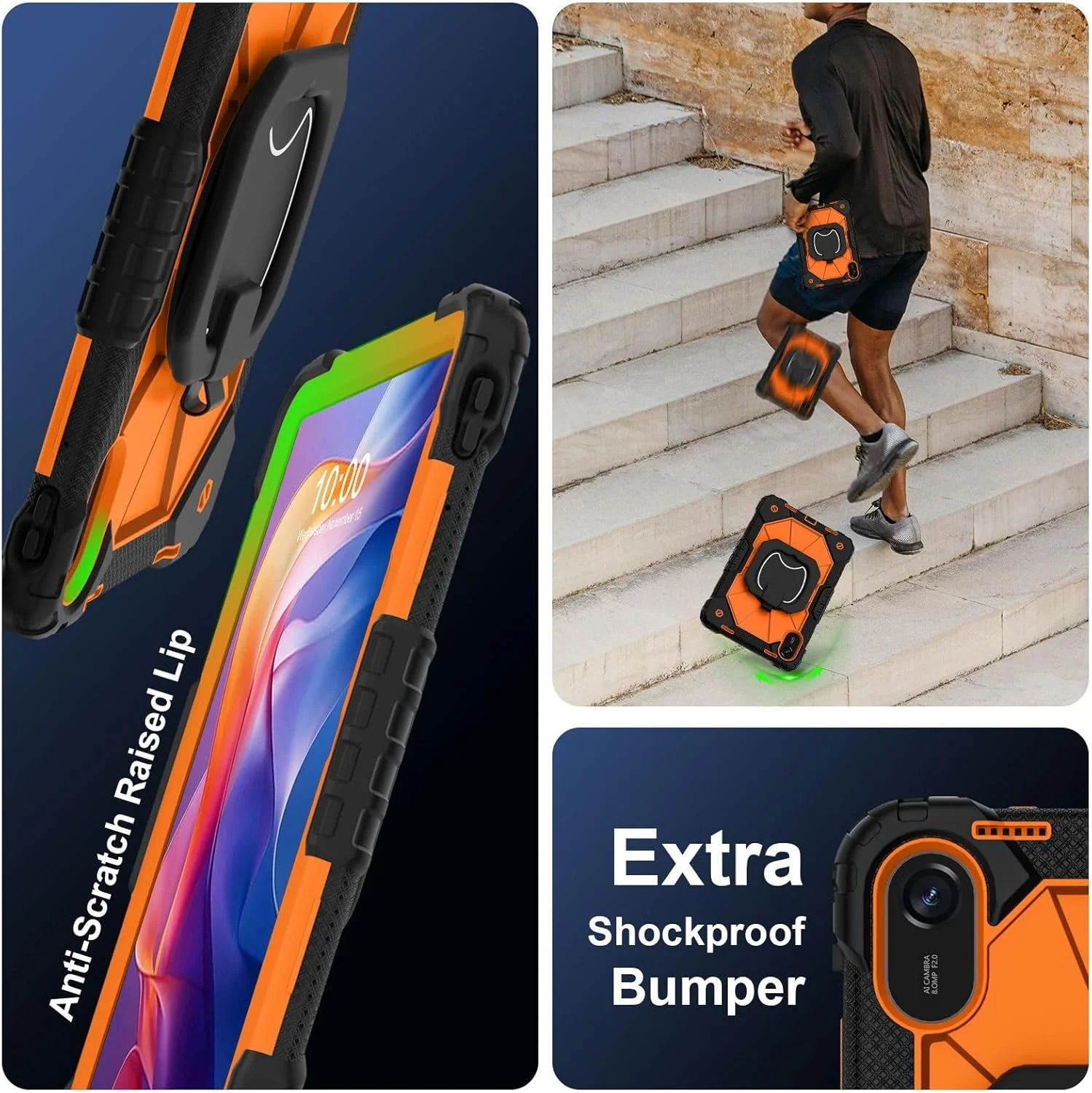 کیف محافظ تبلت ETGOKJM مناسب برای شیائومی Redmi Pad 2 11 اینچ 2025، کاور مقاوم در برابر ضربه، محافظ با پایه چرخان 360 درجه + بند دستی + بند شانه (نارنجی)