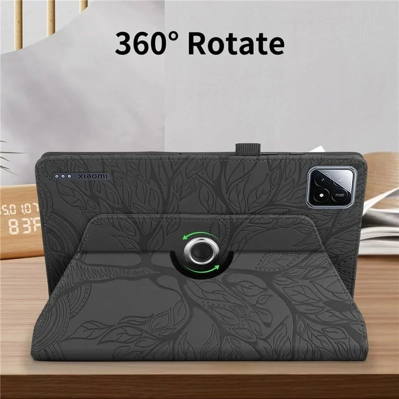 کاور گروتری سازگار با تبلت شیائومی پد 6S Pro 12.4 اینچ 2024، کاور تبلت با قابلیت چرخش 360 درجه و استند تاشو، طرح برجسته درخت زندگی (مشکی)