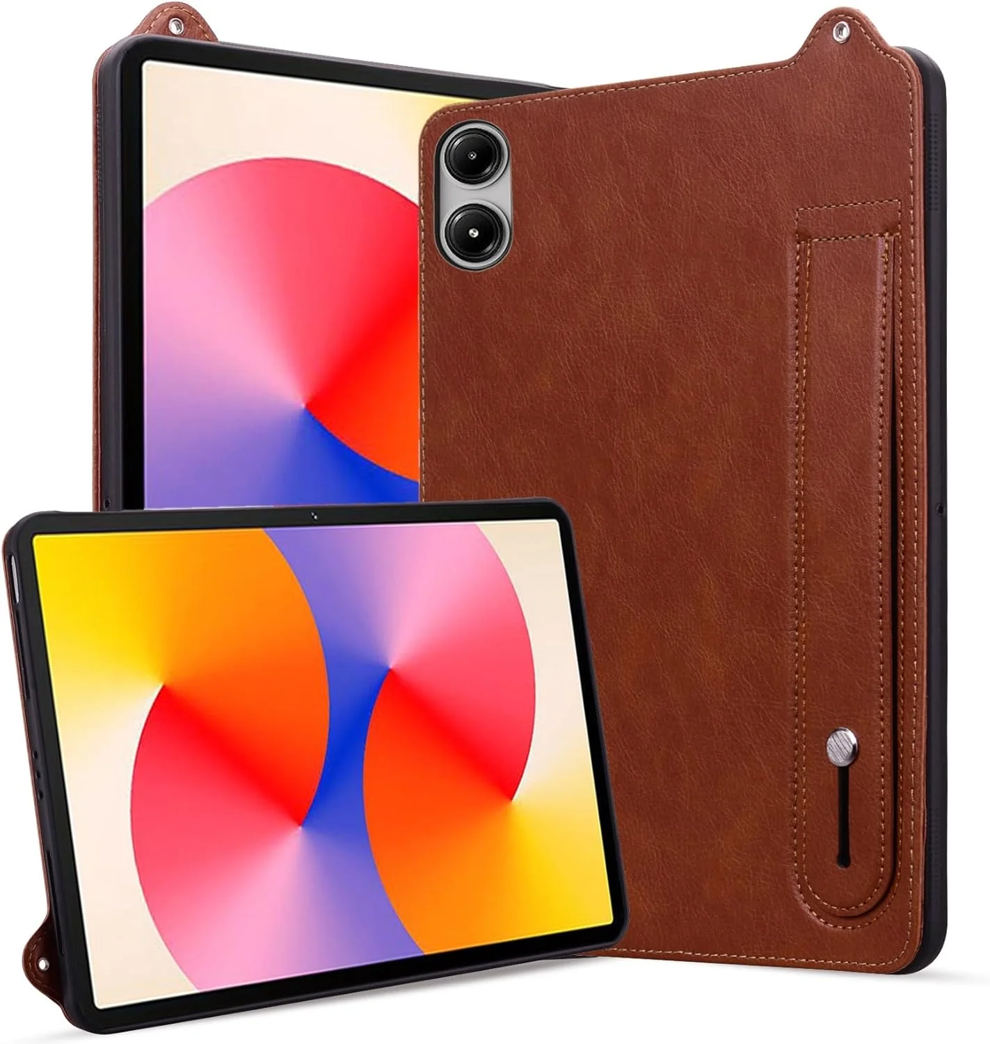 کیف تبلت چرمی و مقاوم در برابر ضربه السفر بالكمبيوتر اللوحي سازگار با Xiaomi Redmi Pad SE 11 2025 به همراه بند دستی و پایه نگهدارنده (قهوه ای)