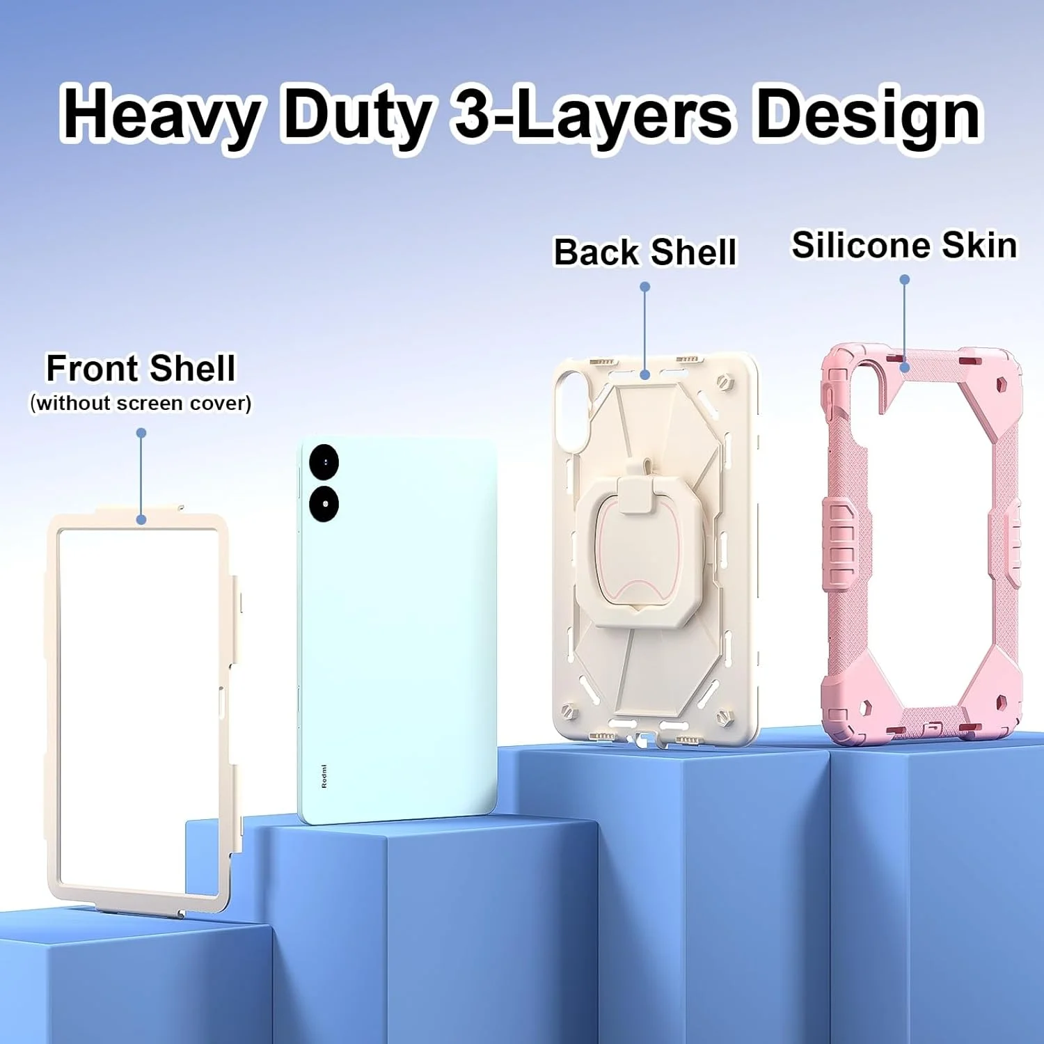 کیف تبلت مناسب برای شیائومی ردمی پد پرو 12.1 اینچ / پوکو پد 12.1 اینچ، کیف محافظ مقاوم در برابر ضربه با پایه چرخان 360 درجه + بند دستی + بند شانه