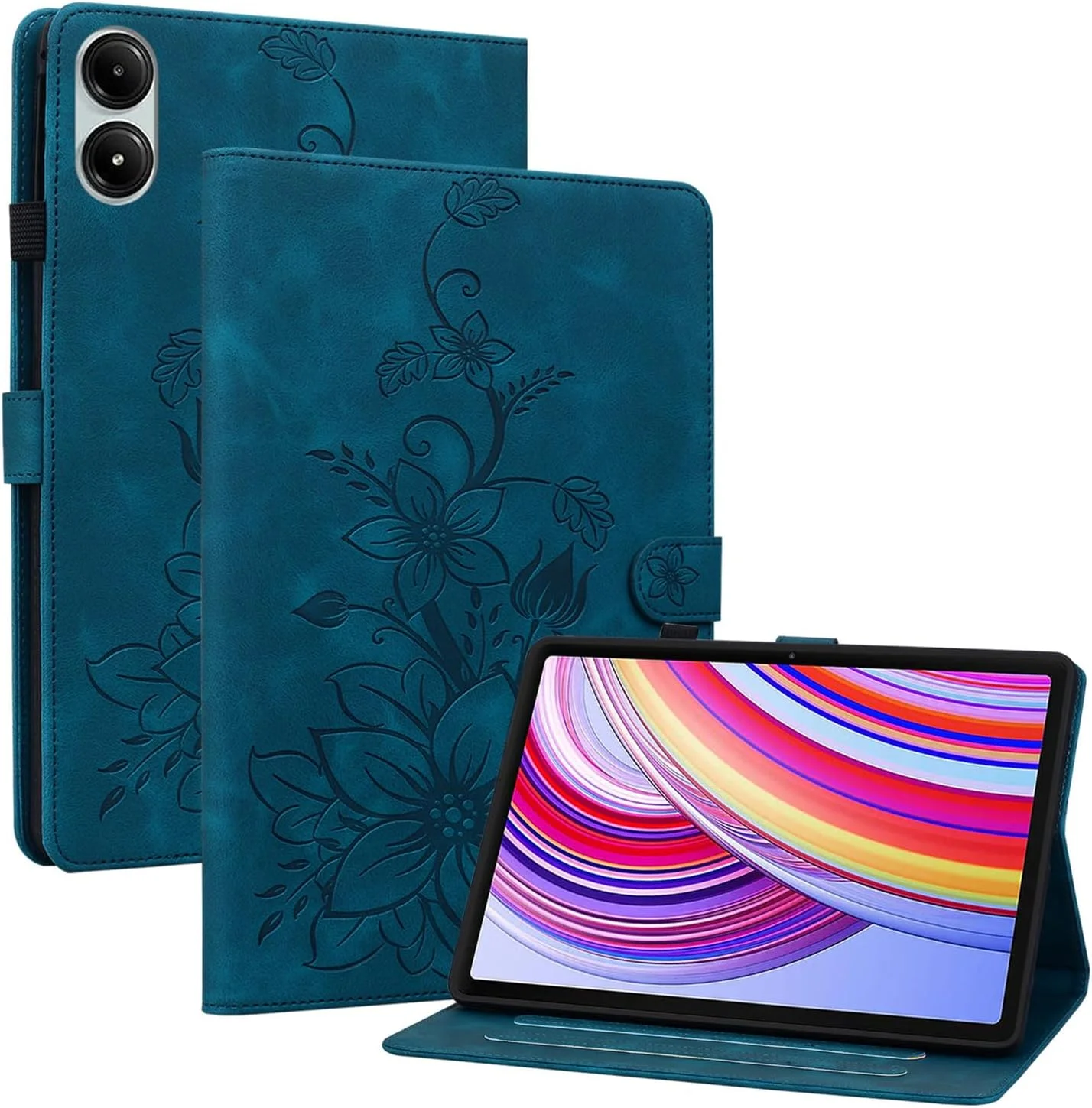 کیف تبلت SLLMYYX برای شیائومی Redmi Pad Pro/Xiaomi Poco Pad با صفحه نمایش 12.1 اینچی، طرح گل سوسن، چرم PU، باریک و تاشو (آبی)