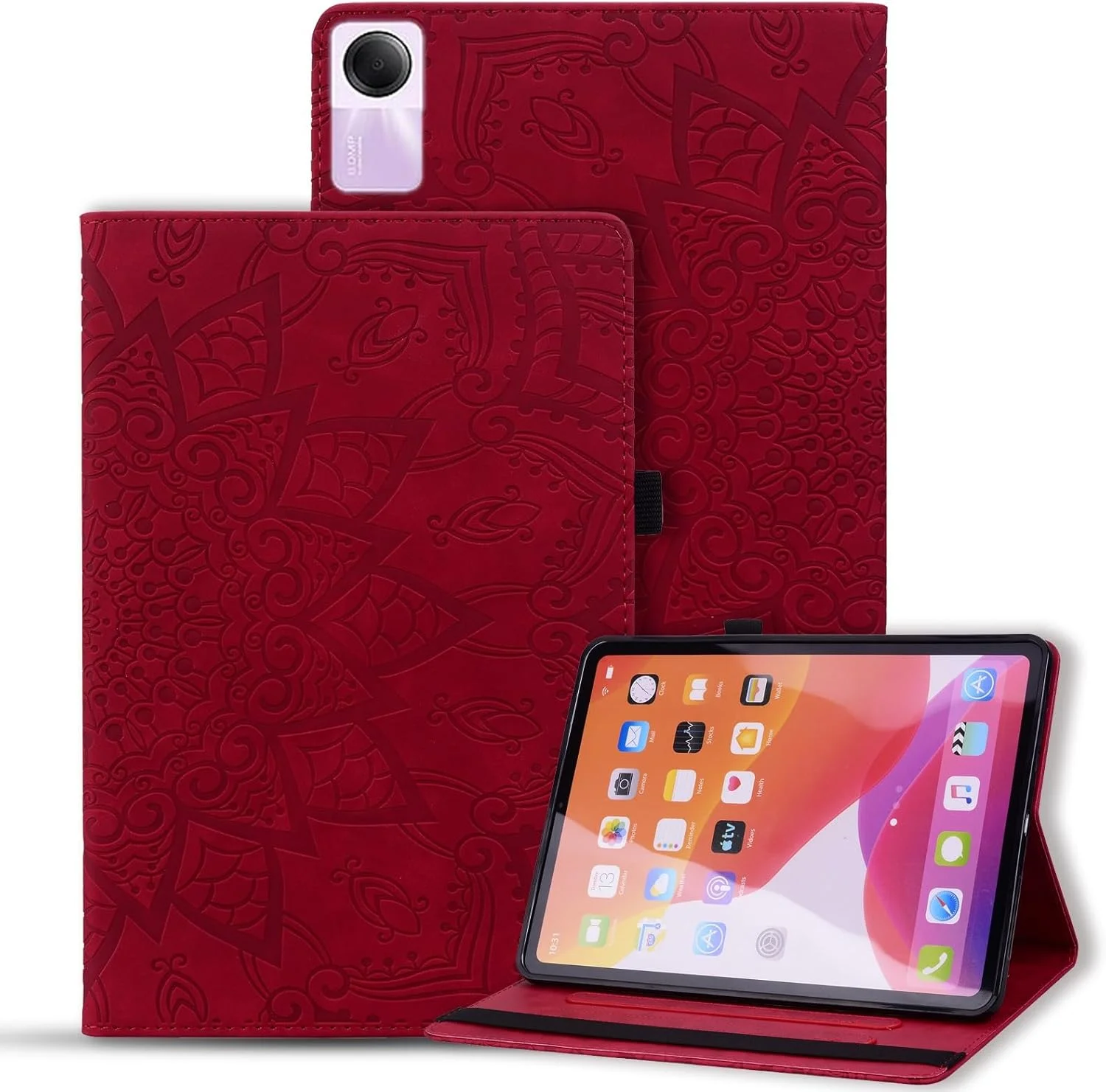 کیف تبلت RRXYHK سازگار با شیائومی Redmi Pad SE 11 اینچ، باریک، سبک وزن، چرمی PU طرح دار، کیف تبلت با قابلیت استند و جای کارت (قرمز)