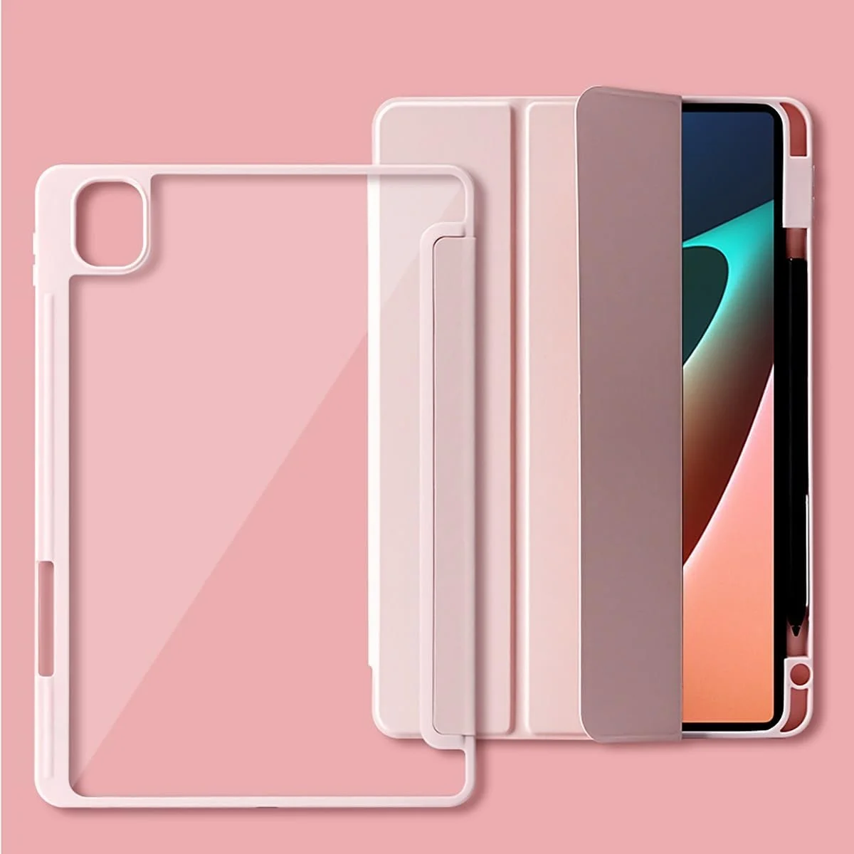 کیف مسافرتی تبلت سازگار با تبلت هوشمند سه تایی سازگار با Xiaomi Mi Pad 5/MiPad 5 Pro 11" 2021، دارای نگهدارنده مداد، پوشش پشتی شفاف، پایه کیف مسافرتی تبلت سازگار با تبلت هوشمند سه تایی سازگار با Xiaomi Mi Pad 5/MiPad 5 Pro 11" 2021، دارای نگهدارنده مداد، پوشش پشتی شفاف، پایه