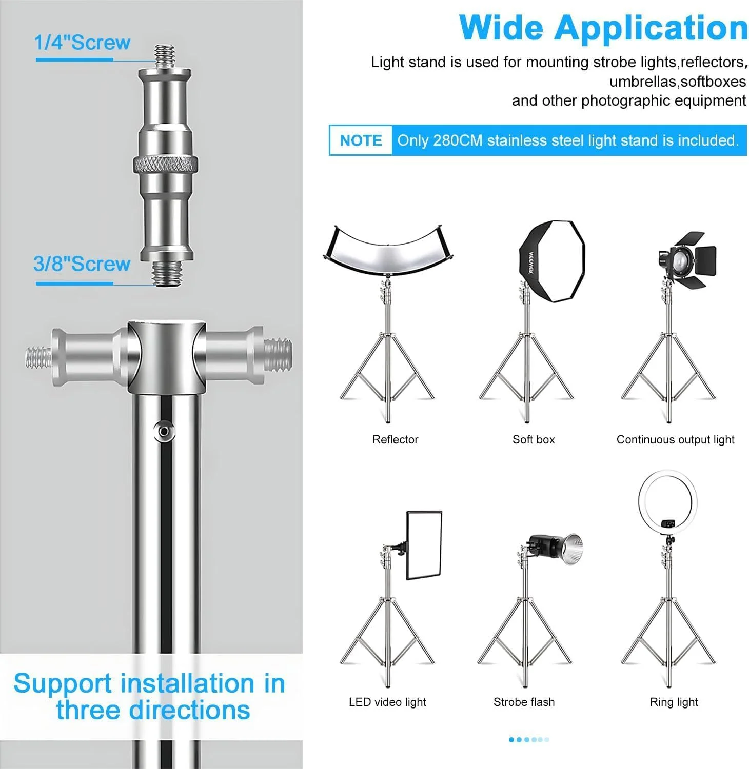 پایه نور عکاسی پادوم 2.8 متری از جنس استیل ضد زنگ با آداپتور یونیورسال 1/4 اینچ به 3/8 اینچ، سه پایه نور عکاسی سنگین با فنر، برای نور استروب LED، نور ویدئویی، رینگ لایت، سافت باکس