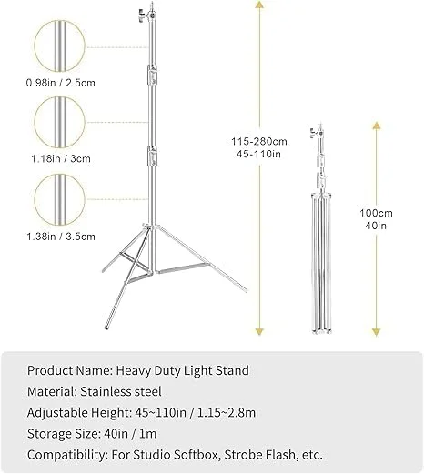 پایه نور عکاسی پادوم 2.8 متری از جنس استیل ضد زنگ با آداپتور یونیورسال 1/4 اینچ به 3/8 اینچ، سه پایه نور عکاسی سنگین با فنر، برای نور استروب LED، نور ویدئویی، رینگ لایت، سافت باکس