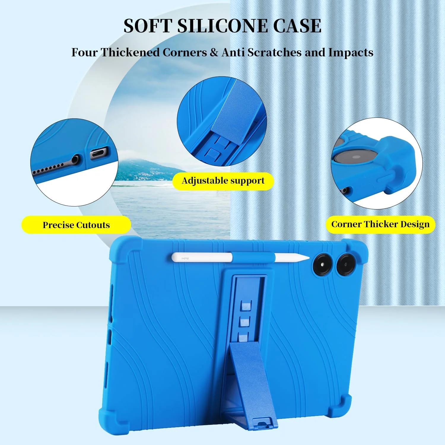 کیبیوری کاور سیلیکونی نرم و ضد ضربه با استند مناسب تبلت شیائومی ردمی پد پرو 12.1 اینچ و شیائومی پوکو پد 12.1 اینچ، سبک، مناسب کودکان و دارای جای قلم (آبی)