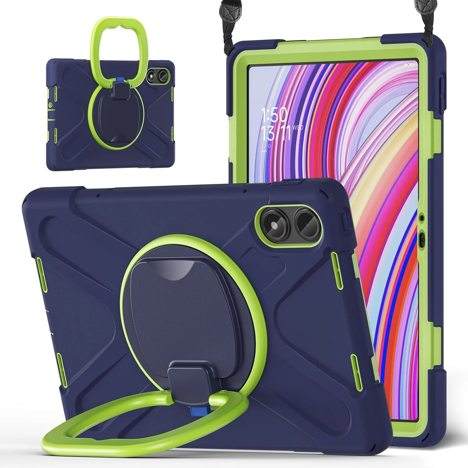 کیف تبلت سازگار با شیائومی Redmi Pad Pro 12.1"/Poco Pad 12.1"، کاور محافظ ضد ضربه و مقاوم در برابر سقوط با پایه چرخان، بند دستی و بند شانه (سرمه ای زرد سبز)