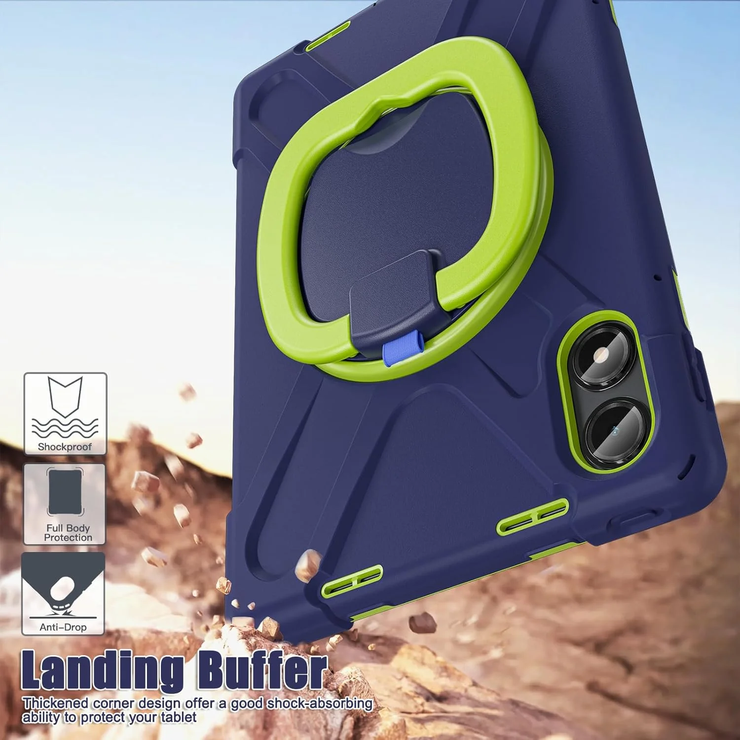 کیف تبلت سازگار با شیائومی Redmi Pad Pro 12.1"/Poco Pad 12.1"، کاور محافظ ضد ضربه و مقاوم در برابر سقوط با پایه چرخان، بند دستی و بند شانه (سرمه ای زرد سبز)