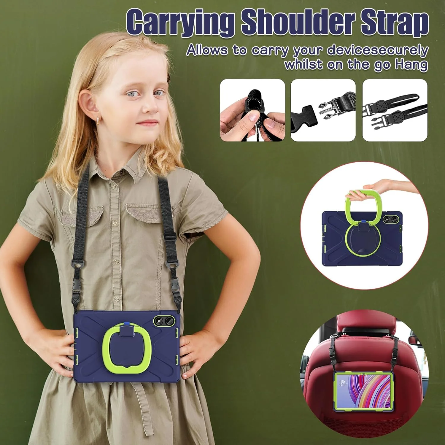 کیف تبلت سازگار با شیائومی Redmi Pad Pro 12.1"/Poco Pad 12.1"، کاور محافظ ضد ضربه و مقاوم در برابر سقوط با پایه چرخان، بند دستی و بند شانه (سرمه ای زرد سبز)