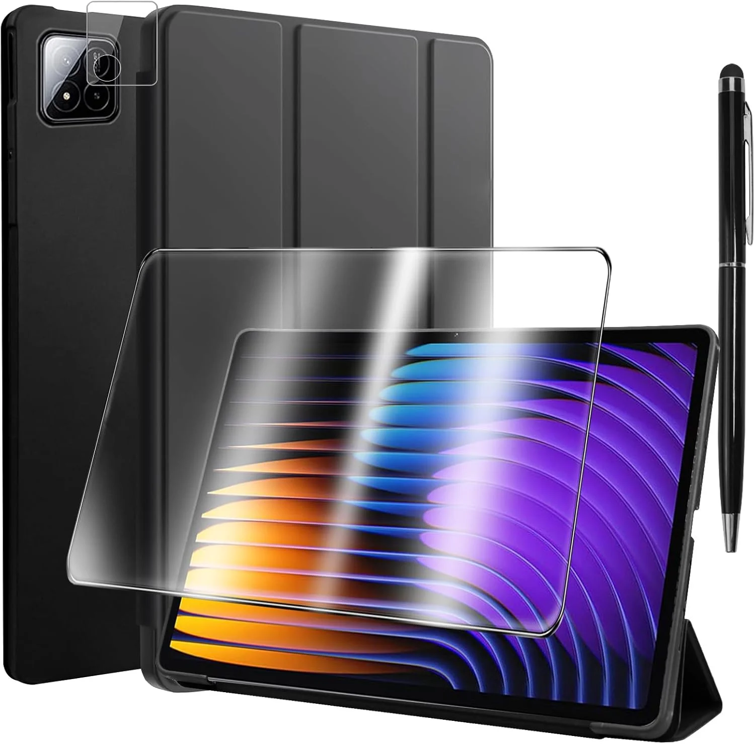 کیف تبلت شیائومی پد 7/شیائومی پد 7 پرو 11.2 اینچی به همراه محافظ صفحه نمایش و محافظ لنز دوربین و جای قلم، کاور تبلت، قابلیت بیدار شدن/خواب خودکار، کاور محافظ تبلت ضد ضربه - مشکی