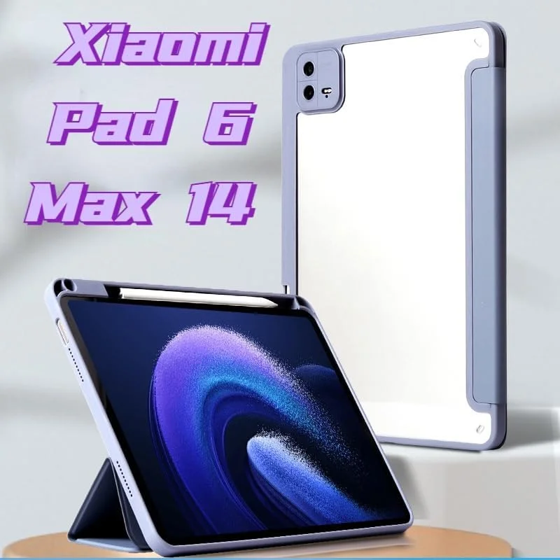 کاور تبلت Gruattreay سازگار با شیائومی پد 6 مکس 14 اینچ 2023، کاور آکریلیک شفاف برای Mi Pad 6 Max 14 اینچی جدید، با قابلیت بیدار شدن خودکار و جای قلم (اسطوخودوس)