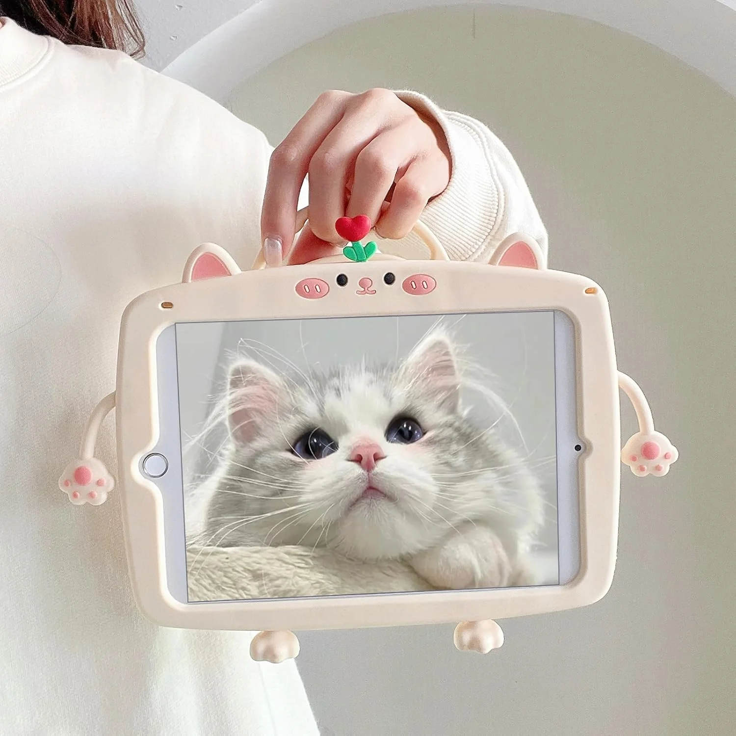 کیف محافظ A-BEAUTY سازگار با شیائومی پد 7 / شیائومی پد 7 پرو (11.2 اینچ، 2024) طرح گربه زیبا، مناسب کودکان، با استند چرخشی 360 درجه، جای قلم و بند شانه