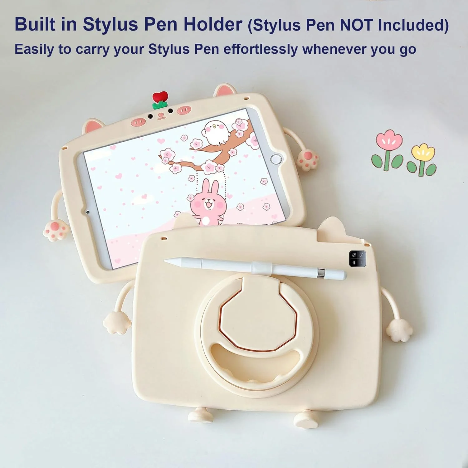 کیف محافظ A-BEAUTY سازگار با شیائومی پد 7 / شیائومی پد 7 پرو (11.2 اینچ، 2024) طرح گربه زیبا، مناسب کودکان، با استند چرخشی 360 درجه، جای قلم و بند شانه