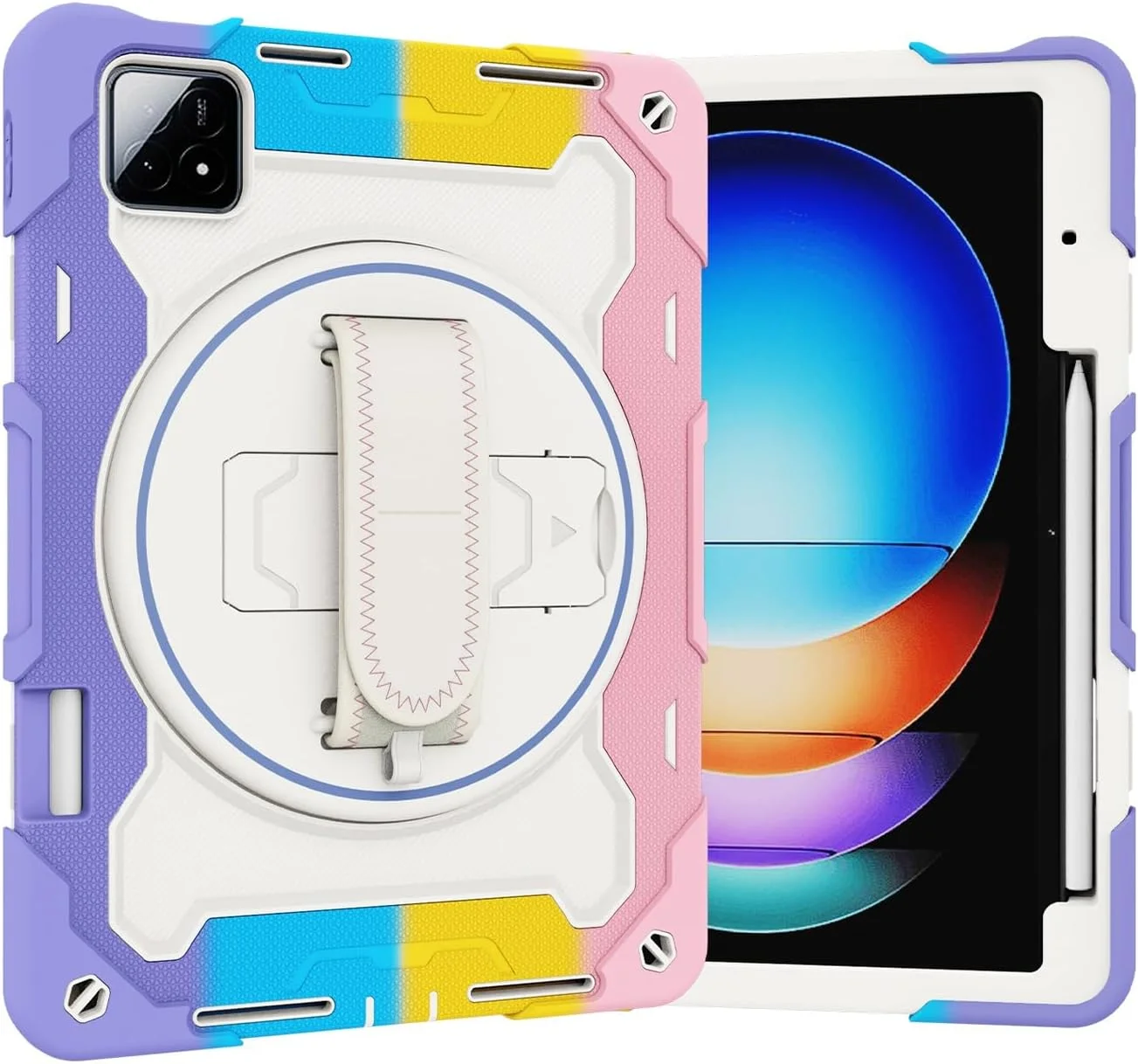 کیف تبلت مناسب برای کودکان، سازگار با شیائومی پد 6S Pro 12.4 اینچ عرضه شده در سال 2024، دارای پایه الاستیک چند زاویه ای + بند چرخان 360 درجه قابل تنظیم، بدنه ضد ضربه