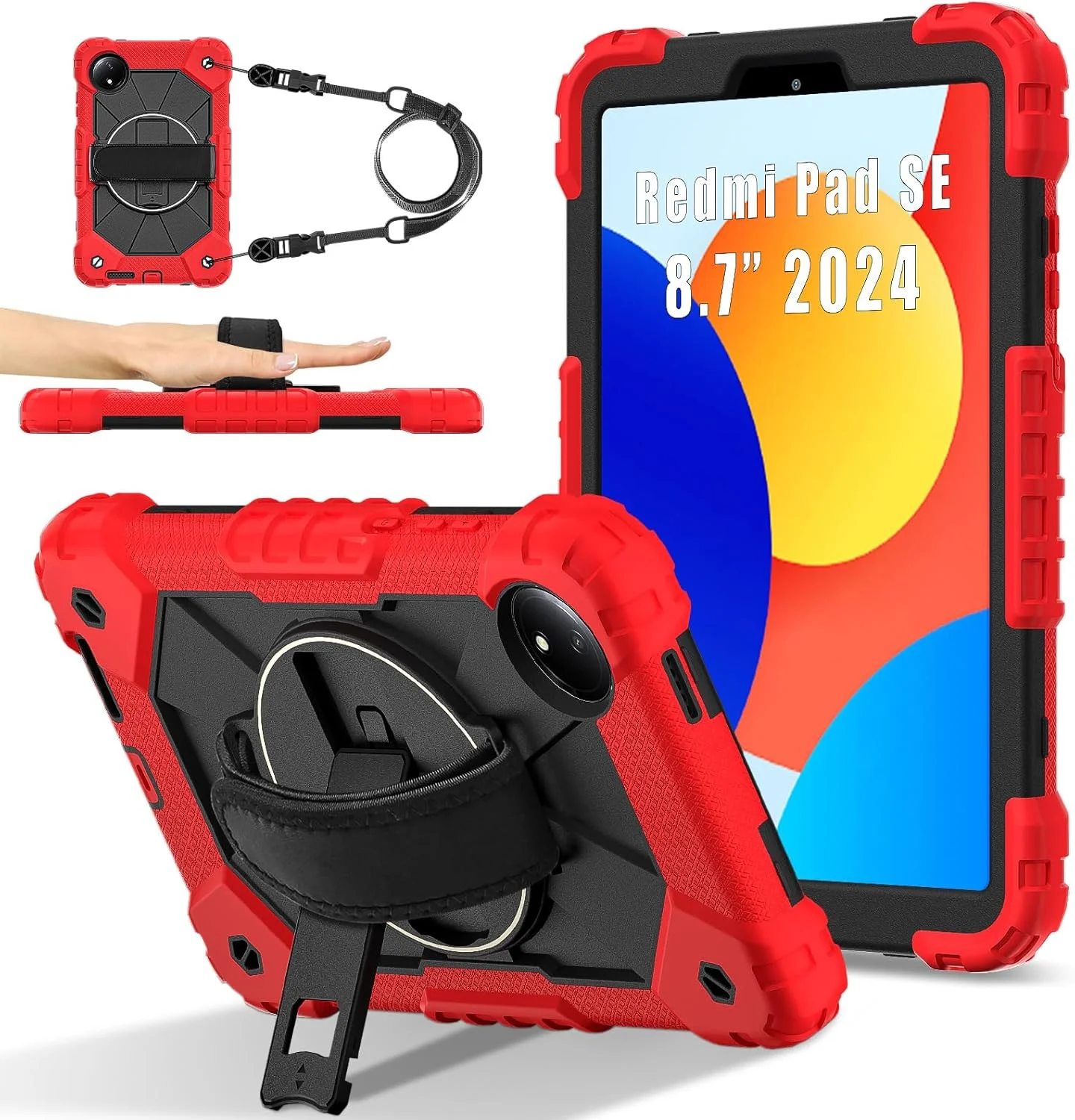 کاور تبلت Gruattreay مناسب برای شیائومی Redmi Pad SE 8.7 اینچی (2024)، کاور هوشمند ضد ضربه با مچ بند چرخان 360 درجه، استند و بند، کاور محافظ کودکانه (قرمز)