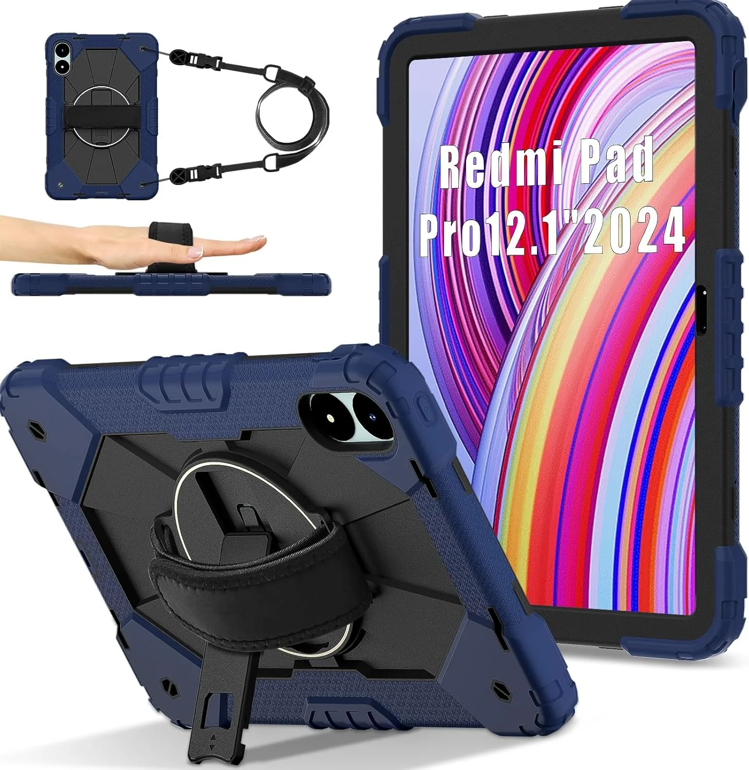 کیف محافظ تبلت سازگار با Xiaomi Redmi Pad Pro 12.1"/Poco Pad 12.1"، قاب محافظ کامل ضد ضربه با قابلیت چرخش 360 درجه، دارای پایه چند منظوره و بند شانه برای استفاده در منزل (آبی تیره)
