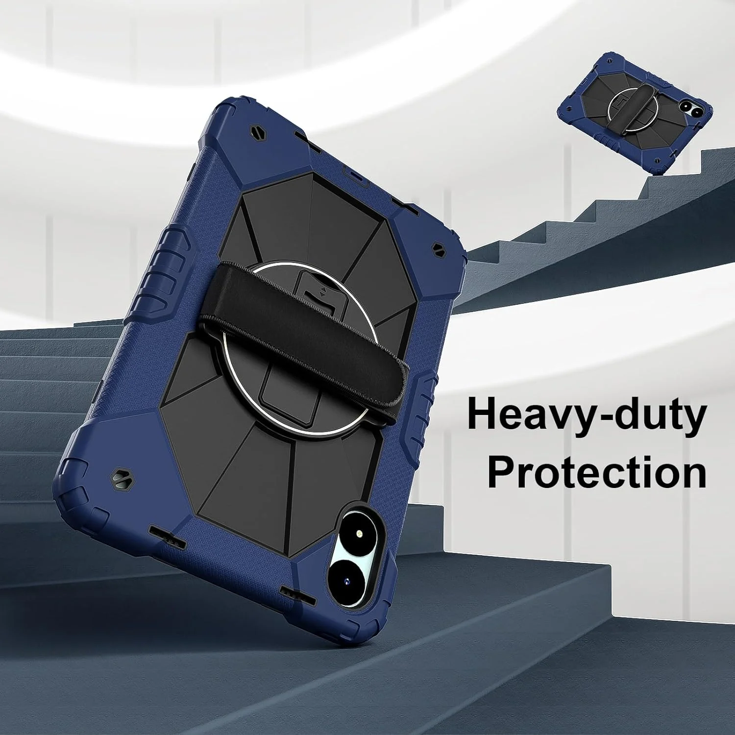 کیف محافظ تبلت سازگار با Xiaomi Redmi Pad Pro 12.1"/Poco Pad 12.1"، قاب محافظ کامل ضد ضربه با قابلیت چرخش 360 درجه، دارای پایه چند منظوره و بند شانه برای استفاده در منزل (آبی تیره)