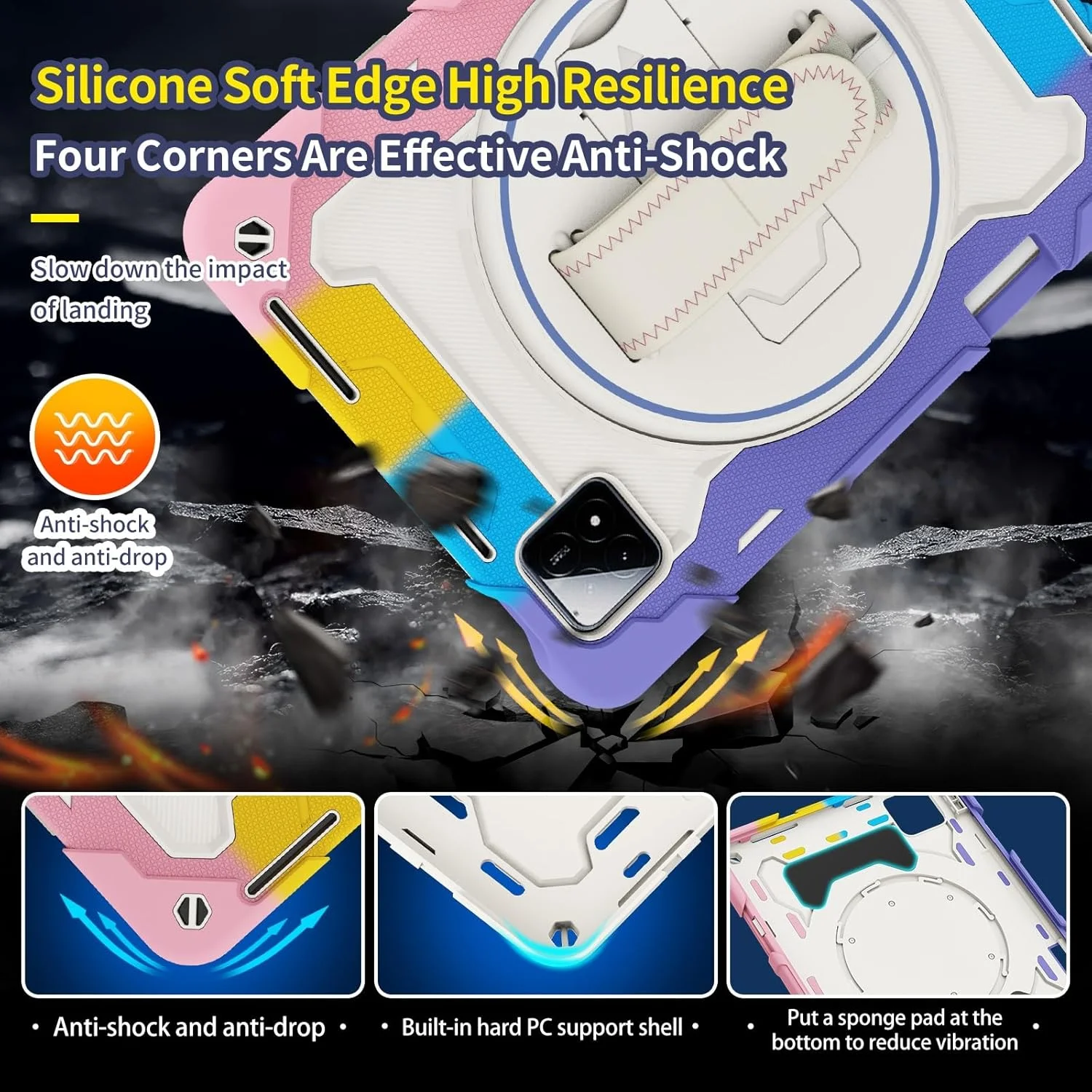 کیف تبلت مناسب برای کودکان، سازگار با شیائومی پد 6S Pro 12.4 اینچ عرضه شده در سال 2024، دارای پایه الاستیک چند زاویه ای + بند چرخان 360 درجه قابل تنظیم، بدنه ضد ضربه