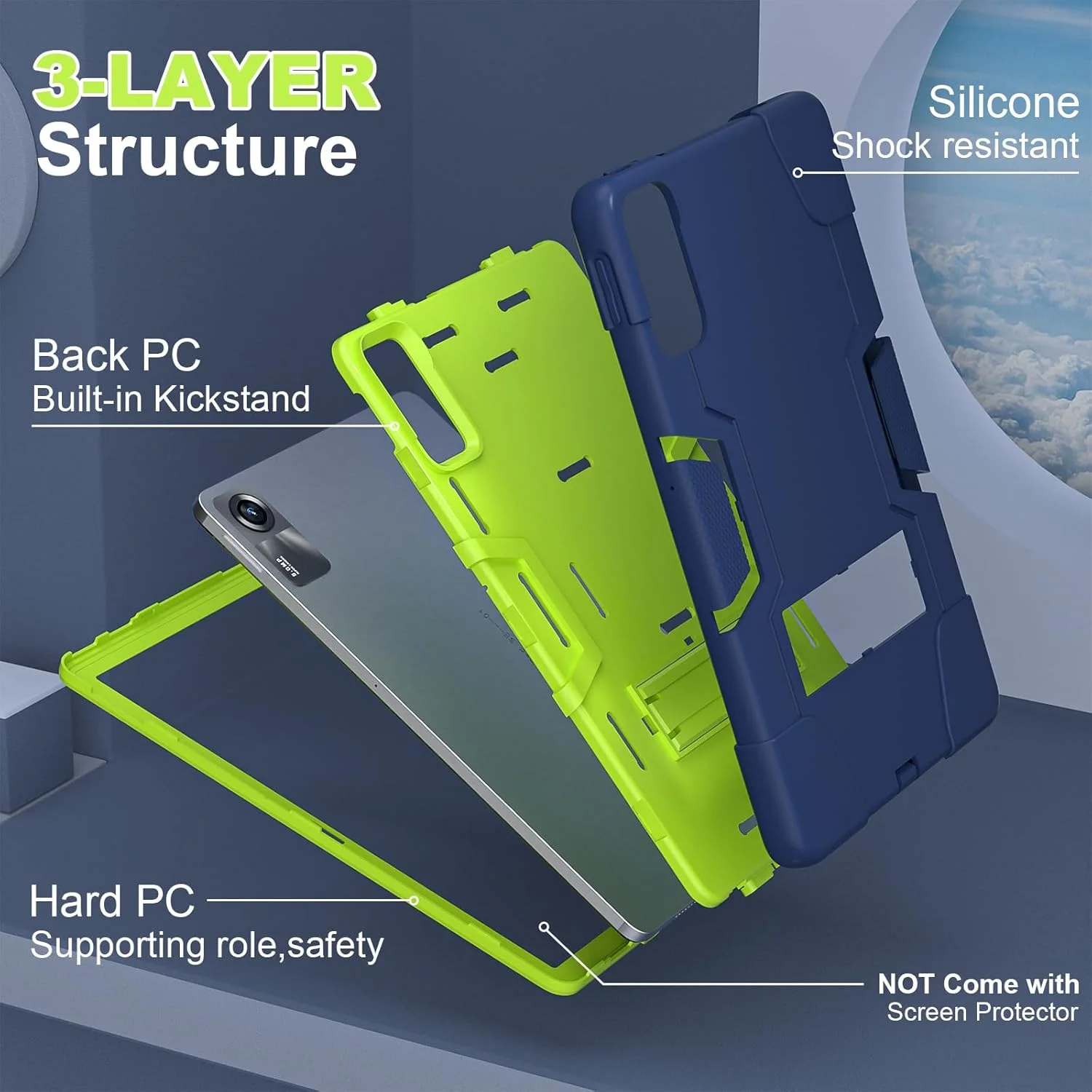 قاب محافظ سه لایه مقاوم در برابر ضربه EabHulie با پایه استند برای تبلت شیائومی Redmi Pad SE 11 اینچ 2023 - آبی سبز