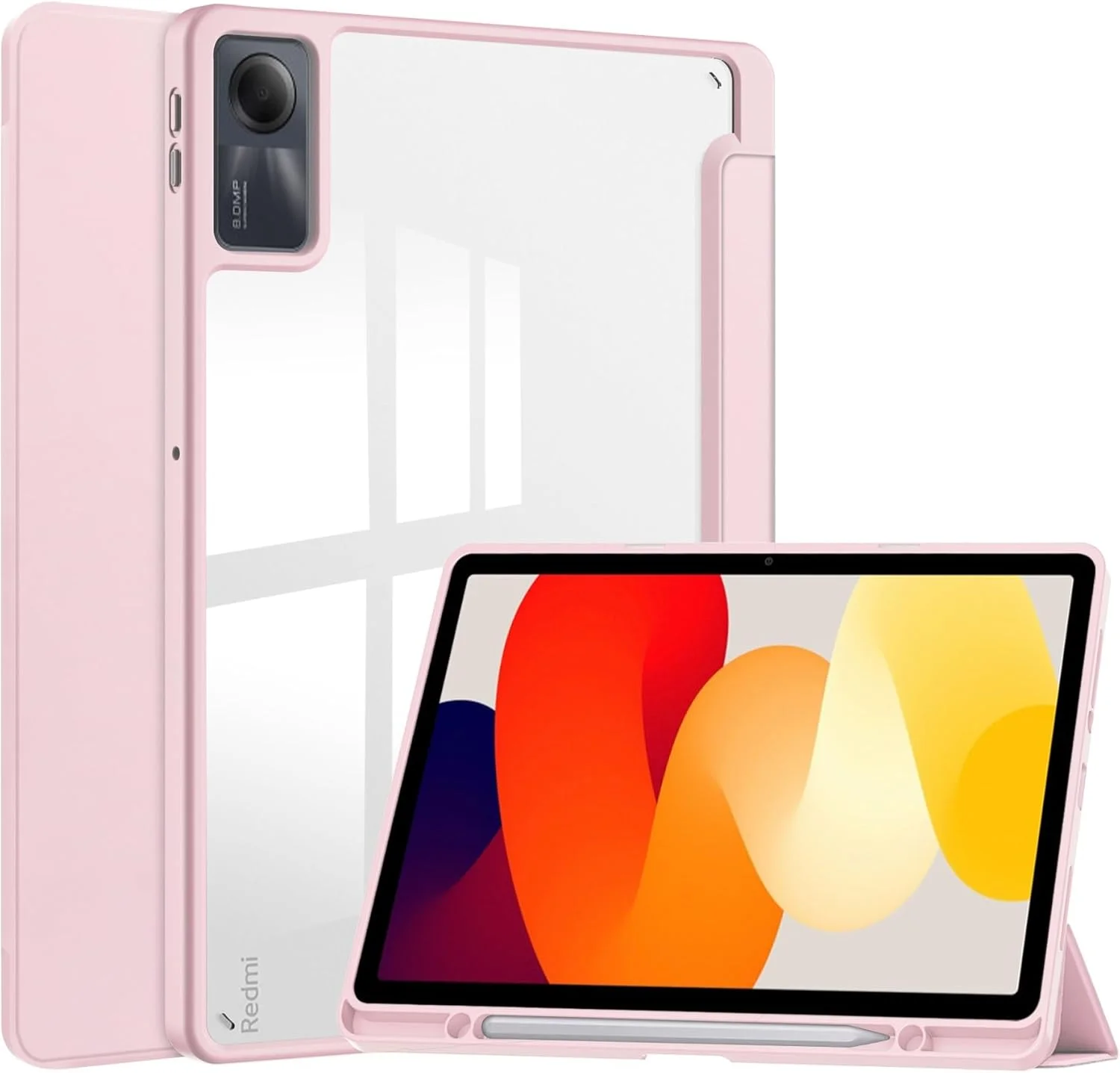 کاور هوشمند تاشو سازگار با تبلت شیائومی Redmi Pad SE 11 اینچ 2023، کاور پشتی شفاف و باریک TPU با پایه و جای مداد، ضد ضربه، قابلیت بیدار/خواب خودکار. صورتی کاور هوشمند تاشو سازگار با تبلت شیائومی Redmi Pad SE 11 اینچ 2023، کاور پشتی شفاف و باریک TPU با پایه و جای مداد، ضد ضربه، قابلیت بیدار/خواب خودکار. صورتی