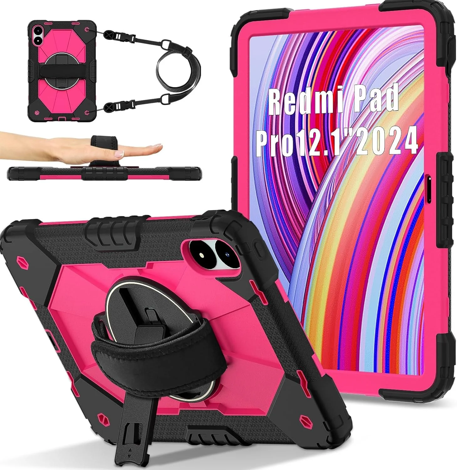 کاور محافظتی Gruattreay سازگار با تبلت Xiaomi Redmi Pad Pro 12.1 اینچ، کاور محافظ کامل ضد ضربه با قابلیت چرخش 360 درجه، دارای براکت چند منظوره و بند شانه (مشکی + قرمز رز) کاور محافظتی Gruattreay سازگار با تبلت Xiaomi Redmi Pad Pro 12.1 اینچ، کاور محافظ کامل ضد ضربه با قابلیت چرخش 360 درجه، دارای براکت چند منظوره و بند شانه (مشکی + قرمز رز)