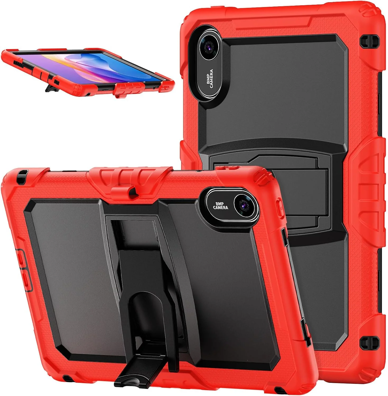 کاور مقاوم Gruattreay برای تبلت شیائومی Redmi Pad 2 11 اینچ مدل 2025، کاور محافظ سه لایه ضد ضربه با پایه و بند شانه (قرمز)