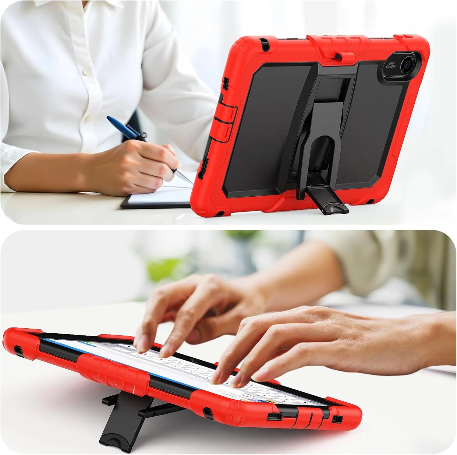 کاور مقاوم Gruattreay برای تبلت شیائومی Redmi Pad 2 11 اینچ مدل 2025، کاور محافظ سه لایه ضد ضربه با پایه و بند شانه (قرمز)