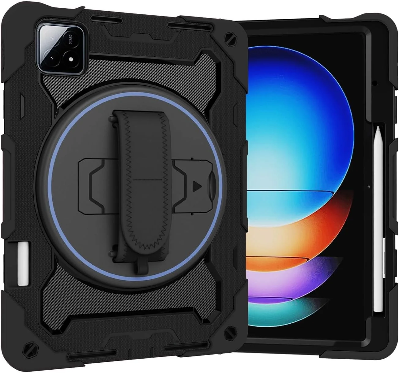 کاور تبلت کودکانه سازگار با شیائومی پد 6S Pro 12.4 اینچ مدل 2024، پایه الاستیک چند زاویه ای + بند دستی چرخان 360 درجه، پوسته مقاوم در برابر شکستگی سه در یک، ضد ضربه، دارای بند شانه