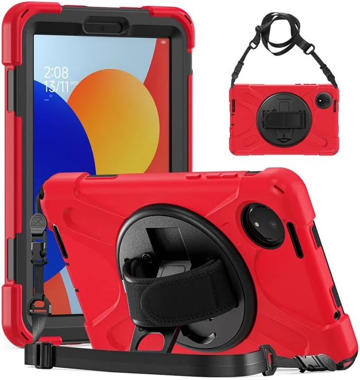 کاور گروتری سازگار با شیائومی ردمی پد SE 8.7 اینچ، کاور تبلت هوشمند ضد ضربه با بند مچی چرخان 360 درجه، استند و بند شانه، کاور محافظ کودکانه (قرمز)