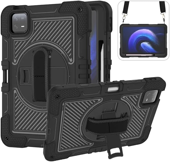 کیف تبلت Nikaque برای شیائومی Mi Pad 6/Mi Pad 6 Pro (11 اینچی، مدل 2023)، مقاوم در برابر ضربه، سه لایه، پایه چرخان 360 درجه، همراه با بند شانه و دست، مشکی کامل کیف تبلت Nikaque برای شیائومی Mi Pad 6/Mi Pad 6 Pro (11 اینچی، مدل 2023)، مقاوم در برابر ضربه، سه لایه، پایه چرخان 360 درجه، همراه با بند شانه و دست، مشکی کامل