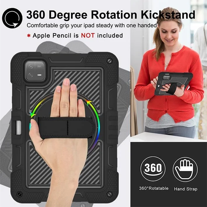 کیف تبلت Nikaque برای شیائومی Mi Pad 6/Mi Pad 6 Pro (11 اینچی، مدل 2023)، مقاوم در برابر ضربه، سه لایه، پایه چرخان 360 درجه، همراه با بند شانه و دست، مشکی کامل کیف تبلت Nikaque برای شیائومی Mi Pad 6/Mi Pad 6 Pro (11 اینچی، مدل 2023)، مقاوم در برابر ضربه، سه لایه، پایه چرخان 360 درجه، همراه با بند شانه و دست، مشکی کامل