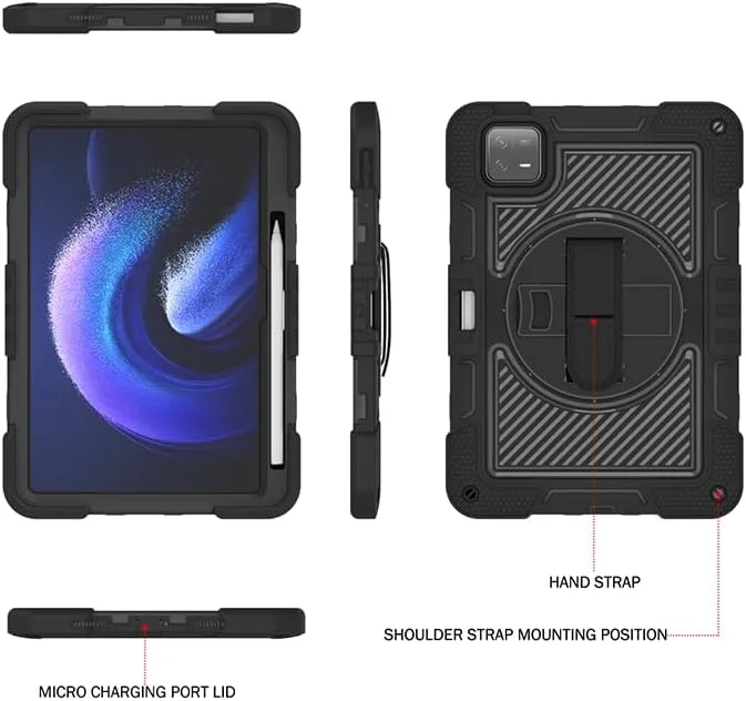 کیف تبلت Nikaque برای شیائومی Mi Pad 6/Mi Pad 6 Pro (11 اینچی، مدل 2023)، مقاوم در برابر ضربه، سه لایه، پایه چرخان 360 درجه، همراه با بند شانه و دست، مشکی کامل کیف تبلت Nikaque برای شیائومی Mi Pad 6/Mi Pad 6 Pro (11 اینچی، مدل 2023)، مقاوم در برابر ضربه، سه لایه، پایه چرخان 360 درجه، همراه با بند شانه و دست، مشکی کامل