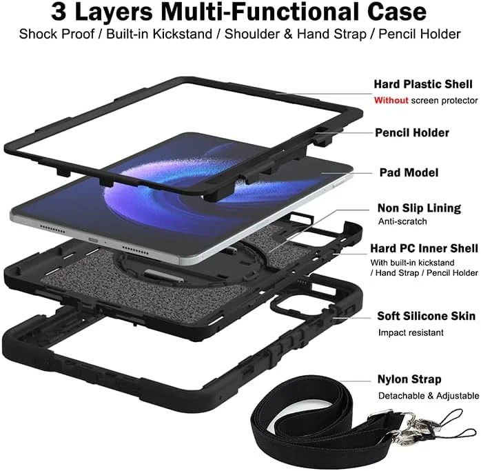 کیف تبلت Nikaque برای شیائومی Mi Pad 6/Mi Pad 6 Pro (11 اینچی، مدل 2023)، مقاوم در برابر ضربه، سه لایه، پایه چرخان 360 درجه، همراه با بند شانه و دست، مشکی کامل کیف تبلت Nikaque برای شیائومی Mi Pad 6/Mi Pad 6 Pro (11 اینچی، مدل 2023)، مقاوم در برابر ضربه، سه لایه، پایه چرخان 360 درجه، همراه با بند شانه و دست، مشکی کامل