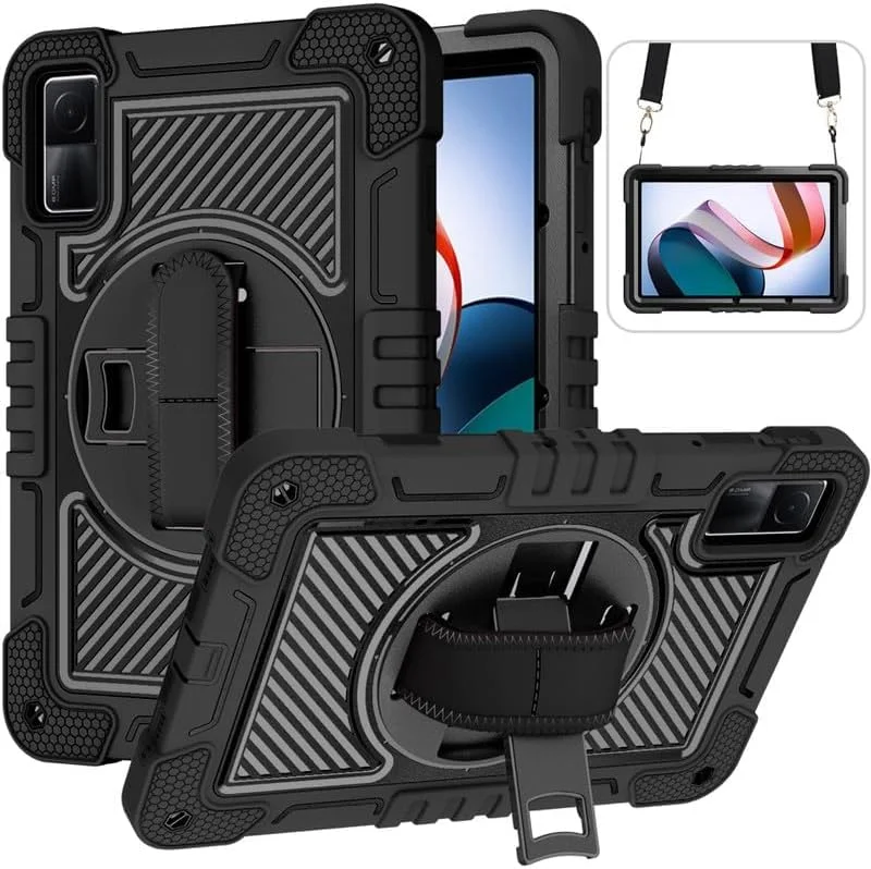 Nikaque Tablet Case for Xiaomi Redmi Pad 10.61 Inch Heavy Duty Rugged Case, Three-Layer Shockproof, 360 Degree Rotation Kickstand, with Hand Shoulder Strap, Full Black