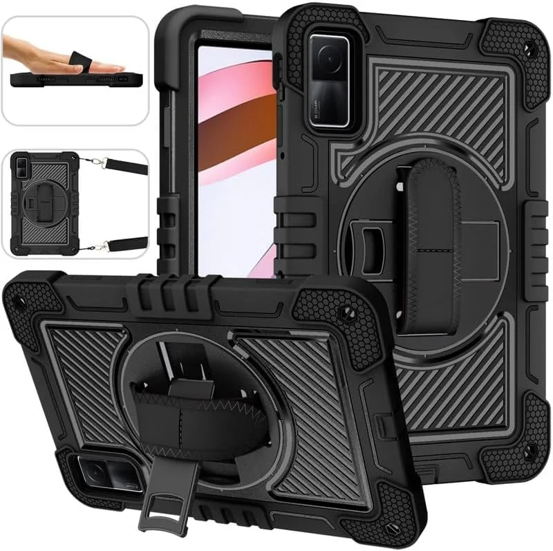 Nikaque Tablet Case for Xiaomi Redmi Pad 10.61 Inch Heavy Duty Rugged Case, Three-Layer Shockproof, 360 Degree Rotation Kickstand, with Hand Shoulder Strap, Full Black