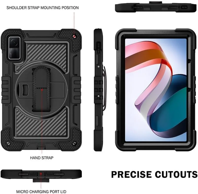Nikaque Tablet Case for Xiaomi Redmi Pad 10.61 Inch Heavy Duty Rugged Case, Three-Layer Shockproof, 360 Degree Rotation Kickstand, with Hand Shoulder Strap, Full Black