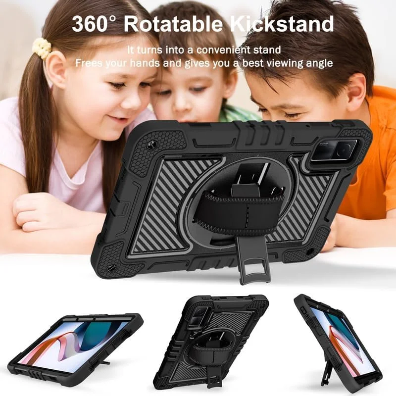 Nikaque Tablet Case for Xiaomi Redmi Pad 10.61 Inch Heavy Duty Rugged Case, Three-Layer Shockproof, 360 Degree Rotation Kickstand, with Hand Shoulder Strap, Full Black