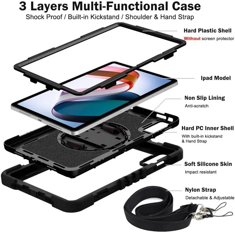 Nikaque Tablet Case for Xiaomi Redmi Pad 10.61 Inch Heavy Duty Rugged Case, Three-Layer Shockproof, 360 Degree Rotation Kickstand, with Hand Shoulder Strap, Full Black